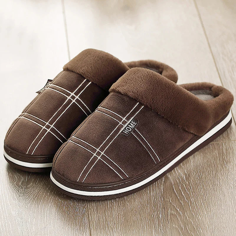 Herren Hausschuhe Kariert mit Memory-Schaum | Warme Plüsch Winter-Schuhe | Rutschfeste Hausschuhe Schwarz | Größe 50–51 Kaufschwan®
