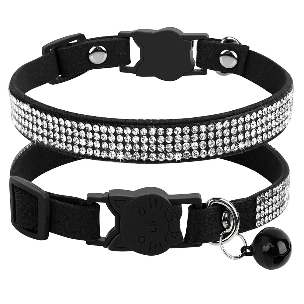 Weiches Rosa Wildleder-Katzenhalsband für Katze – Strasssteine, Glöckchen, Sicherheitsverschluss & Verstellbare Passform Kaufschwan®