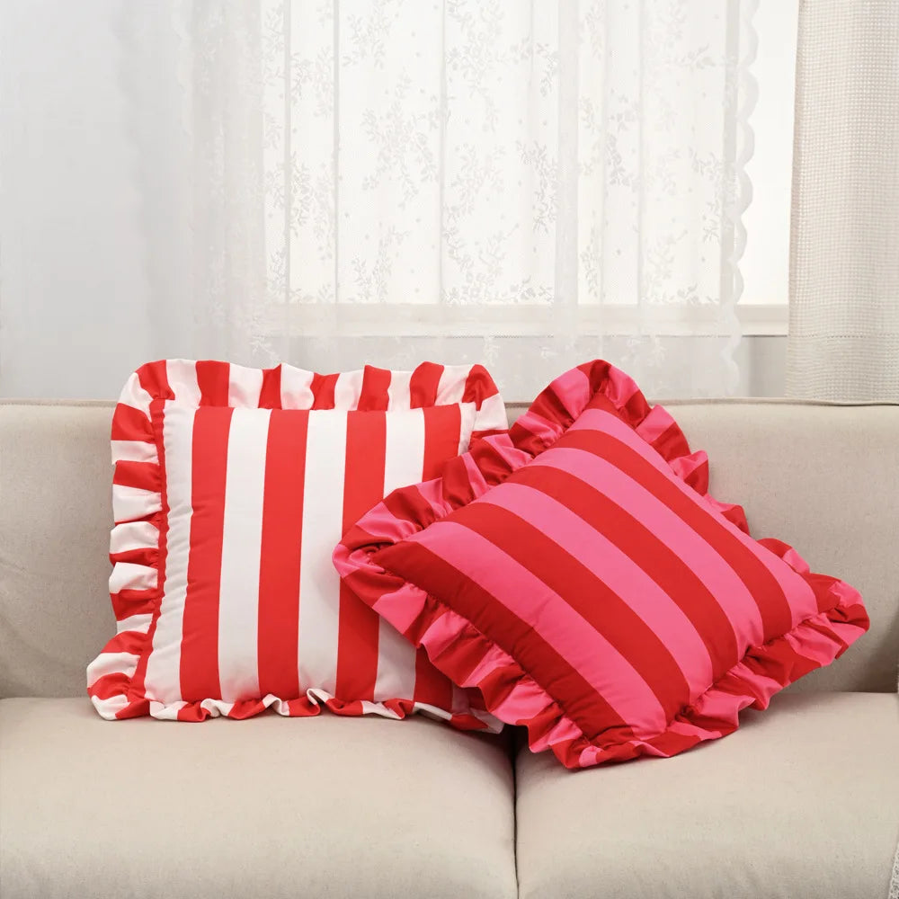 Gestreiftes Samtkissen mit Lotusblatt-Rüsche | Prinzessin Gestreiftes Quadratisches Kissen für Sofa & Stuhl | Wohnraum-Deko 45x45cm Kaufschwan®