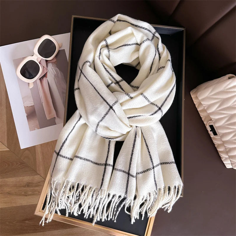 Modischer Karo Kaschmir-Imitat Schal | Luxus Pashmina Wärmeschal | Umschlagtuch, Poncho Decke mit Fransen Kaufschwan® Weiß