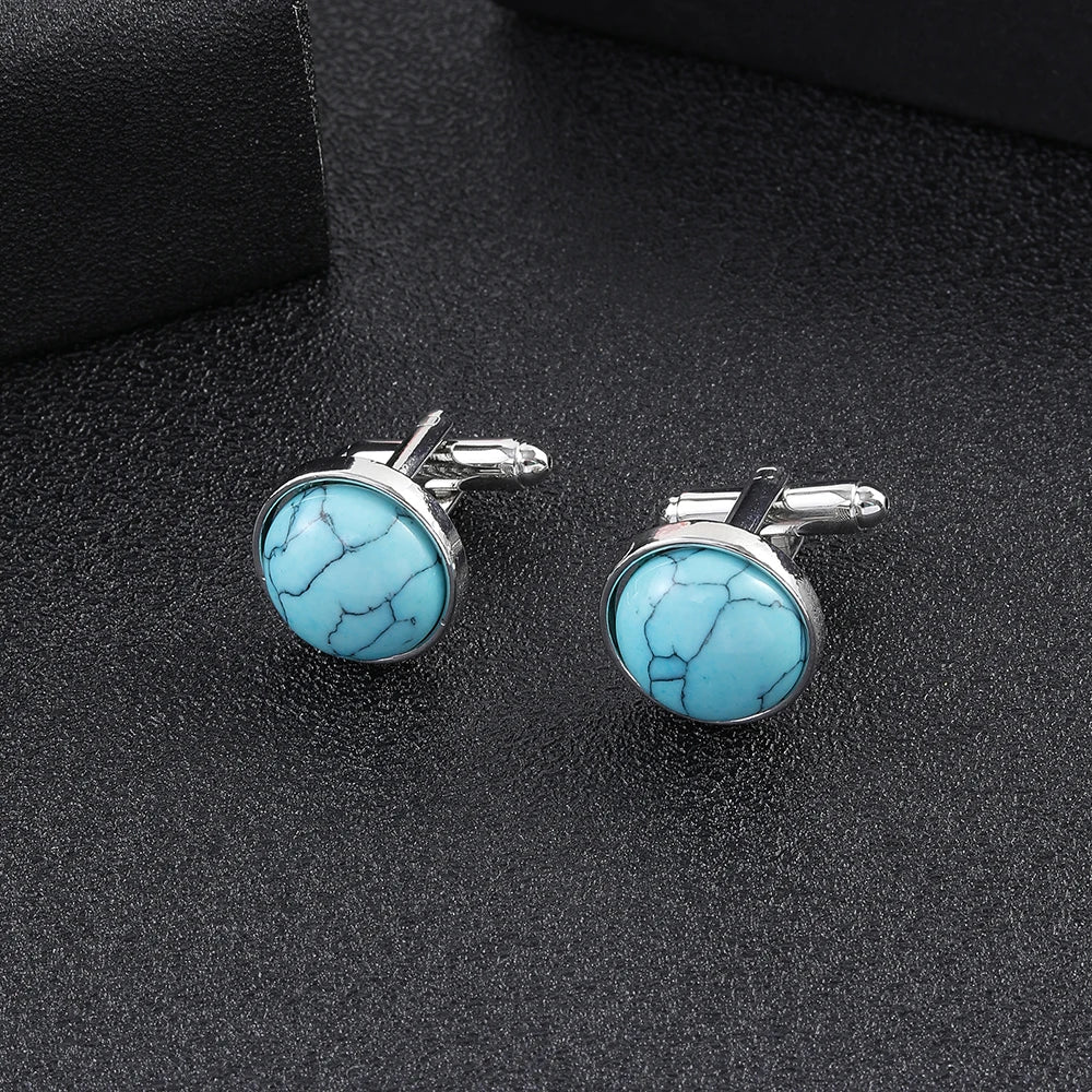 Blaue Stein Manschettenknöpfe – Elegante Unisex Schmuck Accessoires | Runde Metall Ärmelknöpfe für Anzüge & Feste Kaufschwan®