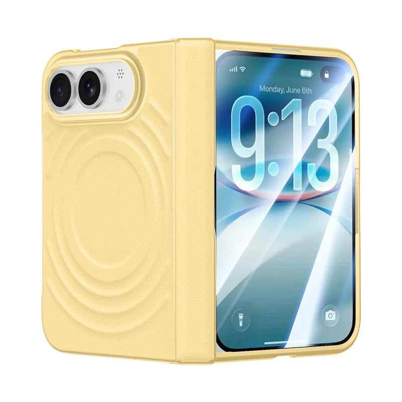 Luxuriöse Magnetische Lederhülle für iPhone Duo – MagSafe-Kompatible Schutzhülle mit Kabellosem Laden, Schutzfolie, Scharnier- und Stoßschutz Kaufschwan® Gelb iPhone Duo
