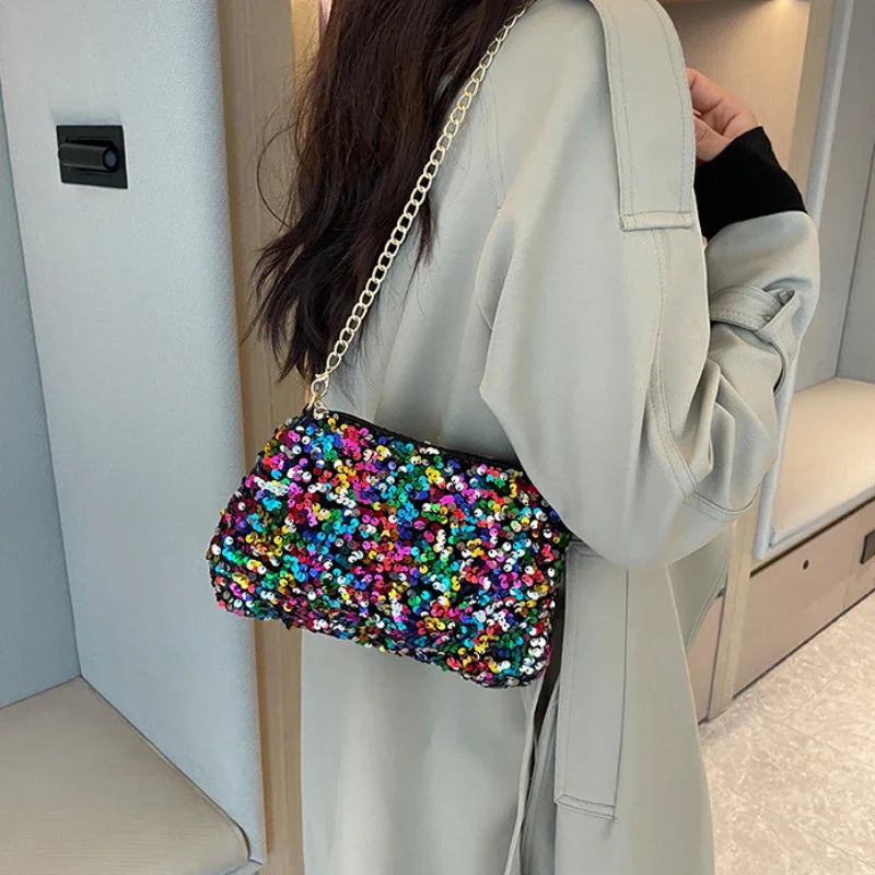 Pailletten Crossbody Kettentasche – Einfarbige Schultertasche, Underarm Bag & Abend Clutch Handtasche für Damen Kaufschwan®