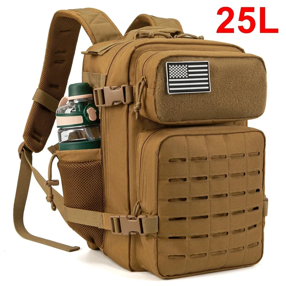 25L Rucksack | Outdoor Survival, Wandern & Fitness | Rucksack für Damen & Herren mit Doppel-Flaschenhalter Kaufschwan® Braun