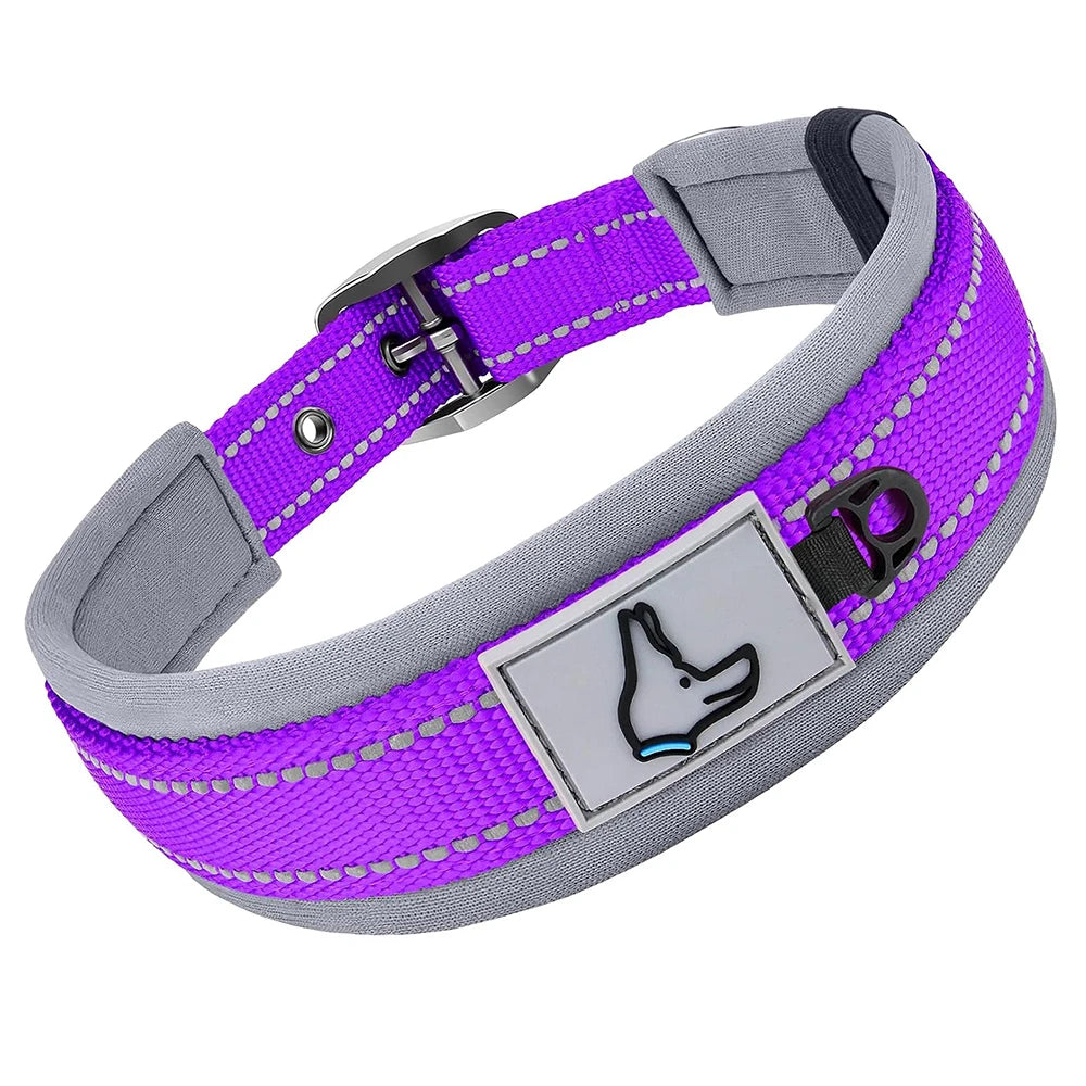 Reflektierendes Gepolstertes Hundehalsband Verstellbar Breit Nylon Neopren für Kleine Mittel Große Hunde Kaufschwan® Lila S