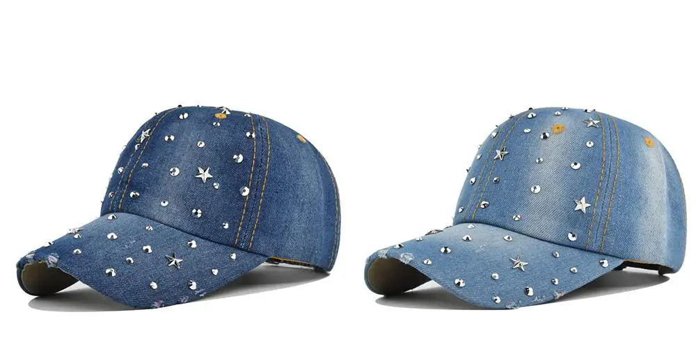 Denim Baseballkappe Damen | Gewaschener Vintage-Hut mit Rivet Star | Snapback Sonnenhut für Damen & Herren | Sommer Outdoor Freizeit Kaufschwan®
