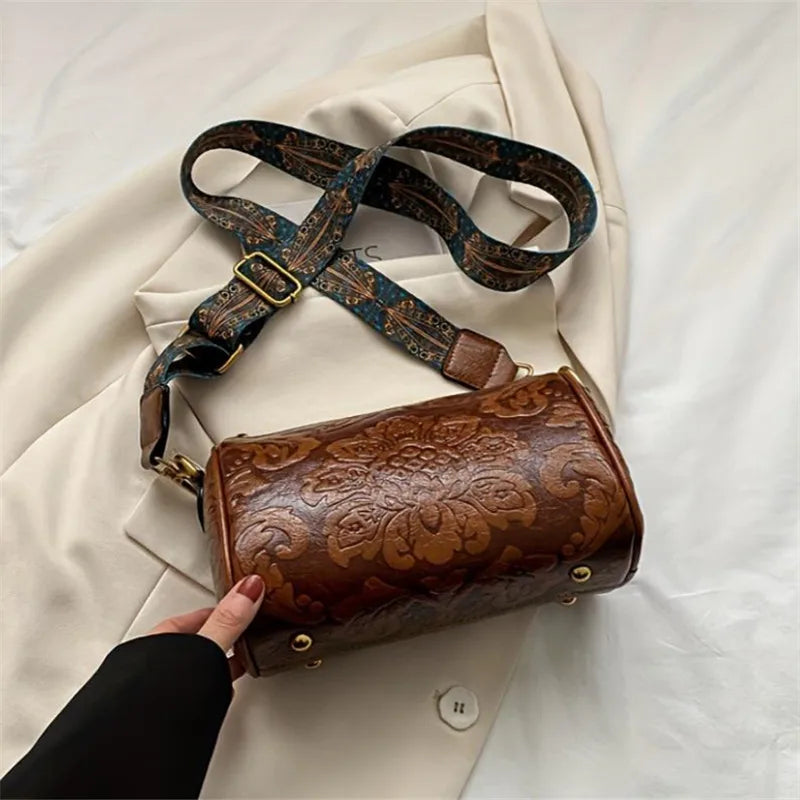 Retro Bestickte Blumen Leder Schultertasche – Klassische Zylinder Crossbody Handtasche für Damen | Alltag, Arbeit & Party Kaufschwan®