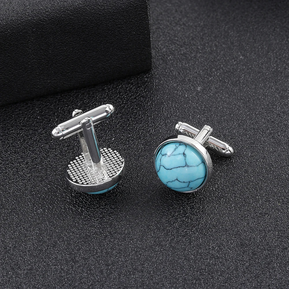 Blaue Stein Manschettenknöpfe – Elegante Unisex Schmuck Accessoires | Runde Metall Ärmelknöpfe für Anzüge & Feste Kaufschwan®