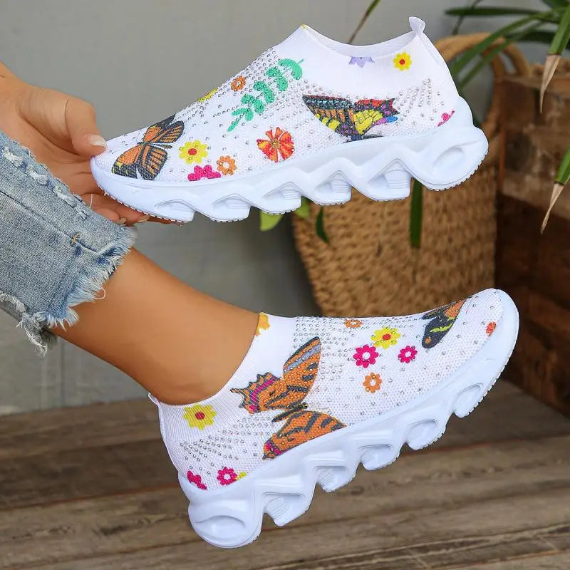 Kristall Blumen Damen Strick-Sneaker – Sommer Atmungsaktive Air Mesh Freizeitschuhe | Leichte Sportschuhe & Walking Flats Kaufschwan®