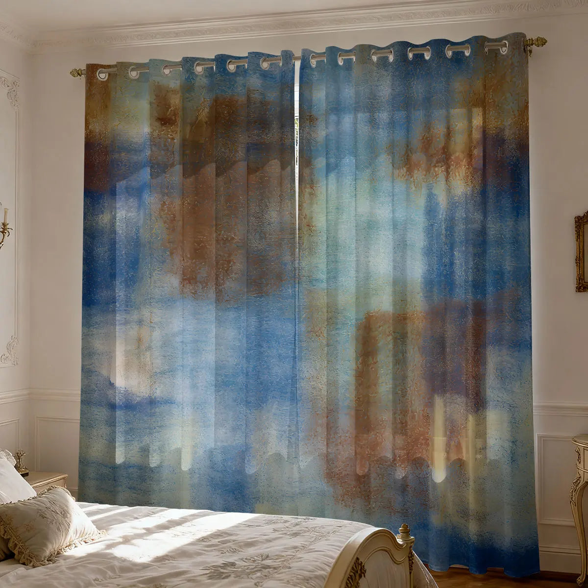 Graffiti Farbblock Print Vorhang 90g Isoliert Modernes Design für Wohnzimmer Schlafzimmer 2 Stück/Set Kaufschwan® Blau - Beige - Braun 140x160 cm Ösenverschluss