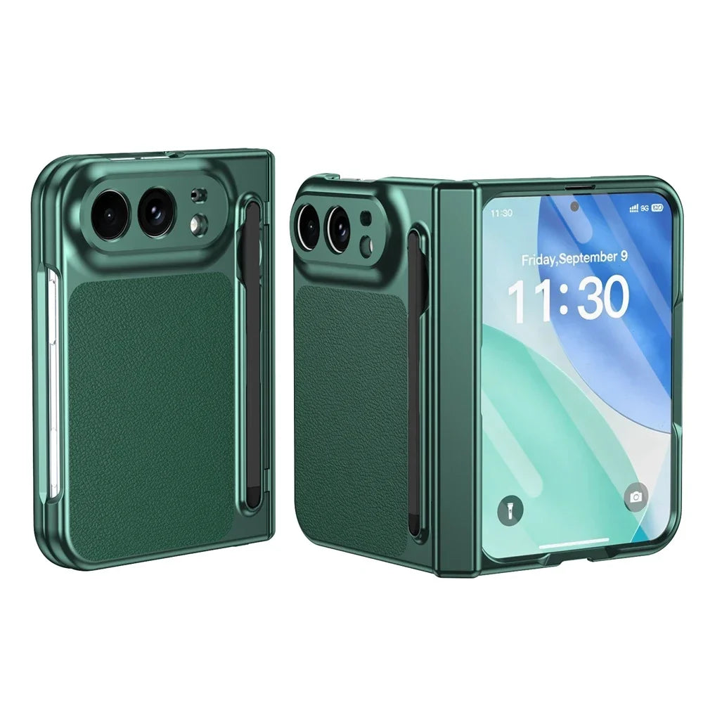 Hochwertige Luxuriöse Glänzende Schutzhülle für iPhone Duo 5G 2026 – Rundumschutzhülle mit Stifthalter, Schutzfolie, Scharnier- und Stoßschutz Kaufschwan®