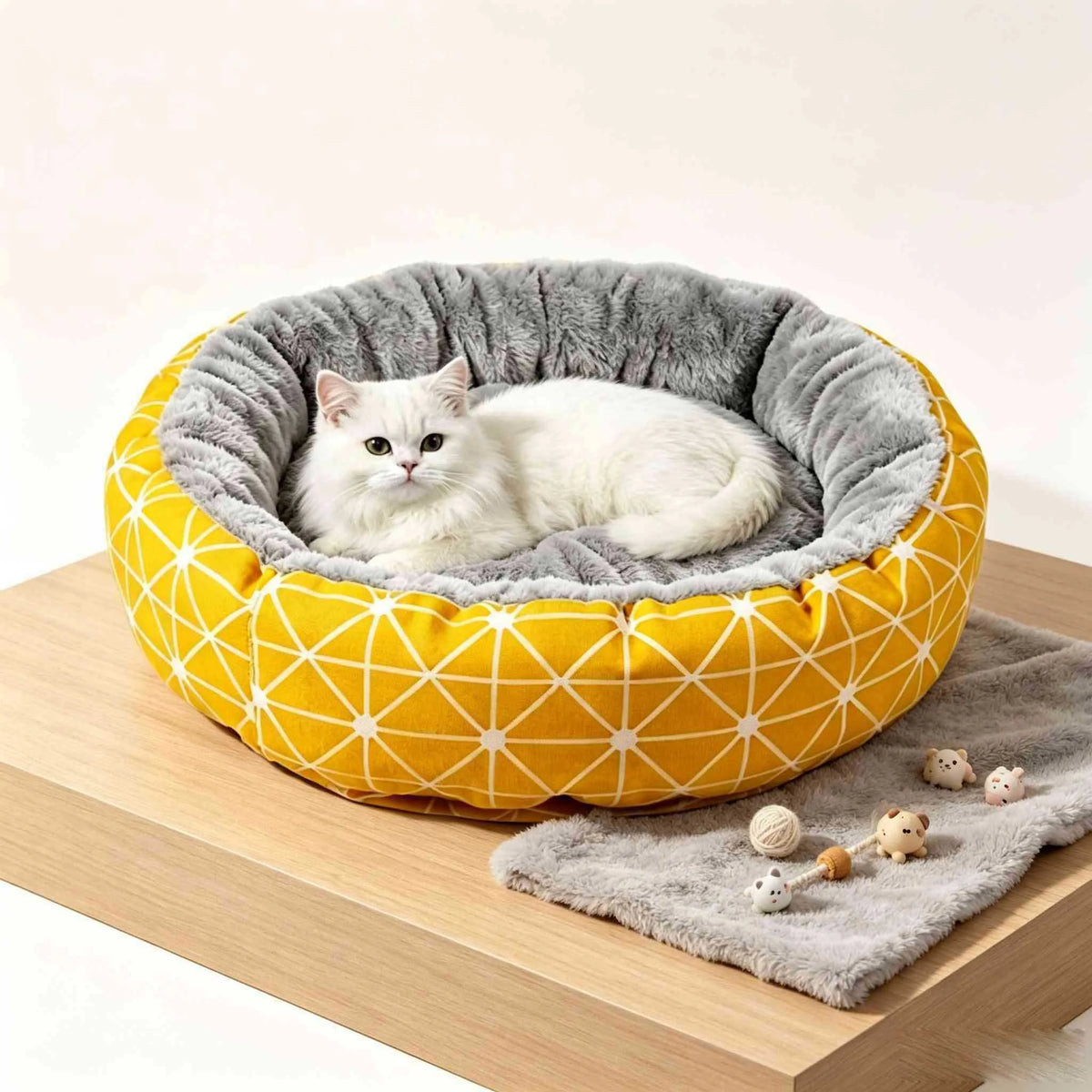 Rundes Katzennest für Katze – Niedliche Warme Schlafmatte & Kuscheliges Katzenbett Kaufschwan® Gelb S