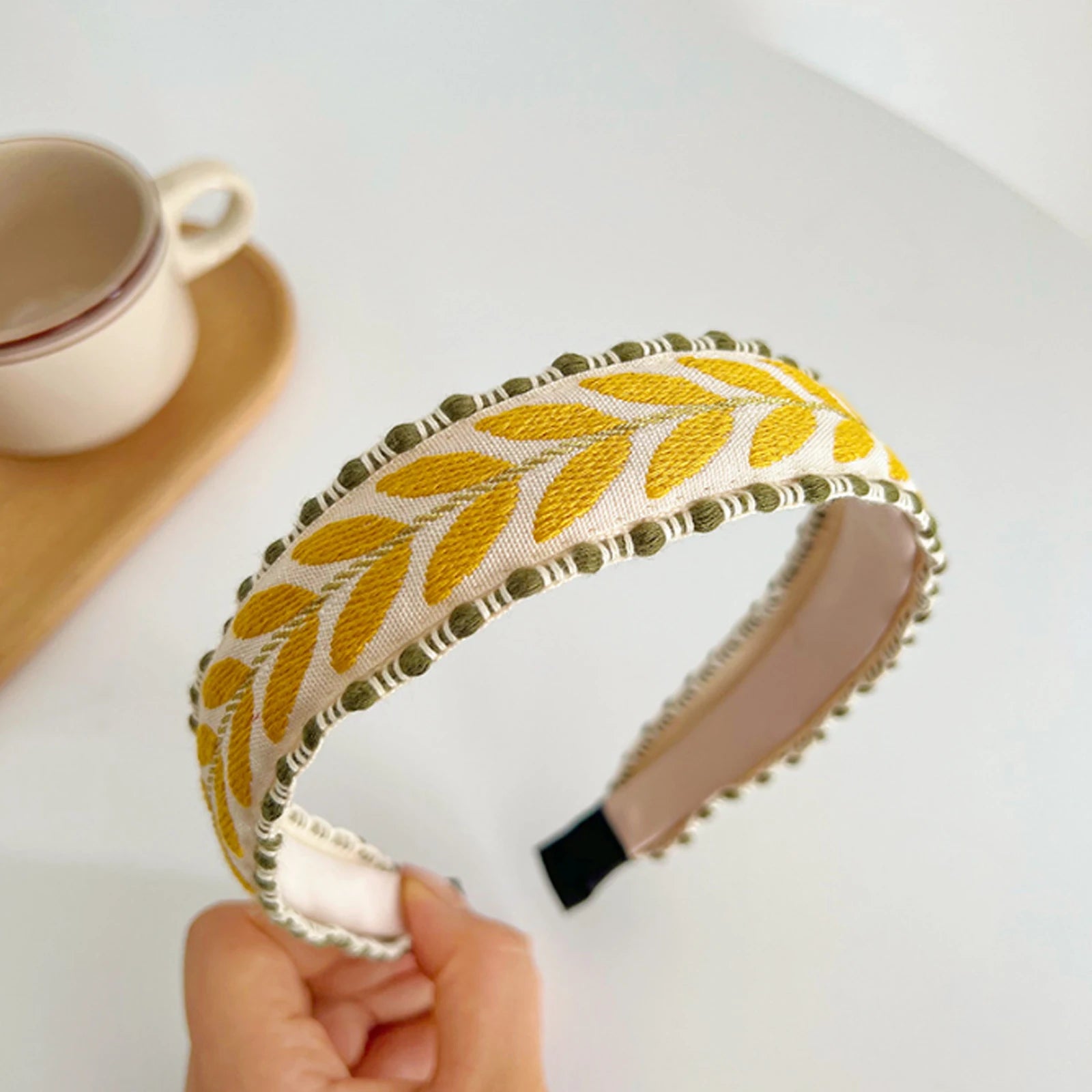 Haarreif mit Blätterstickerei – Modischer Turban Haarreif für Damen & Mädchen | Frühlingsaccessoire Kaufschwan® Gelb