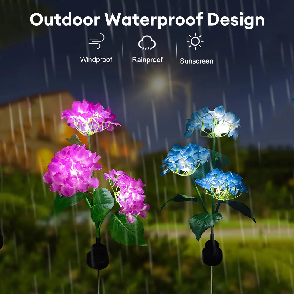Solar LED 3-Kopf Hortensien-Rosenblumenlampe – Außen Garten, Rasen, Terrasse & Wegdekoration Kaufschwan®
