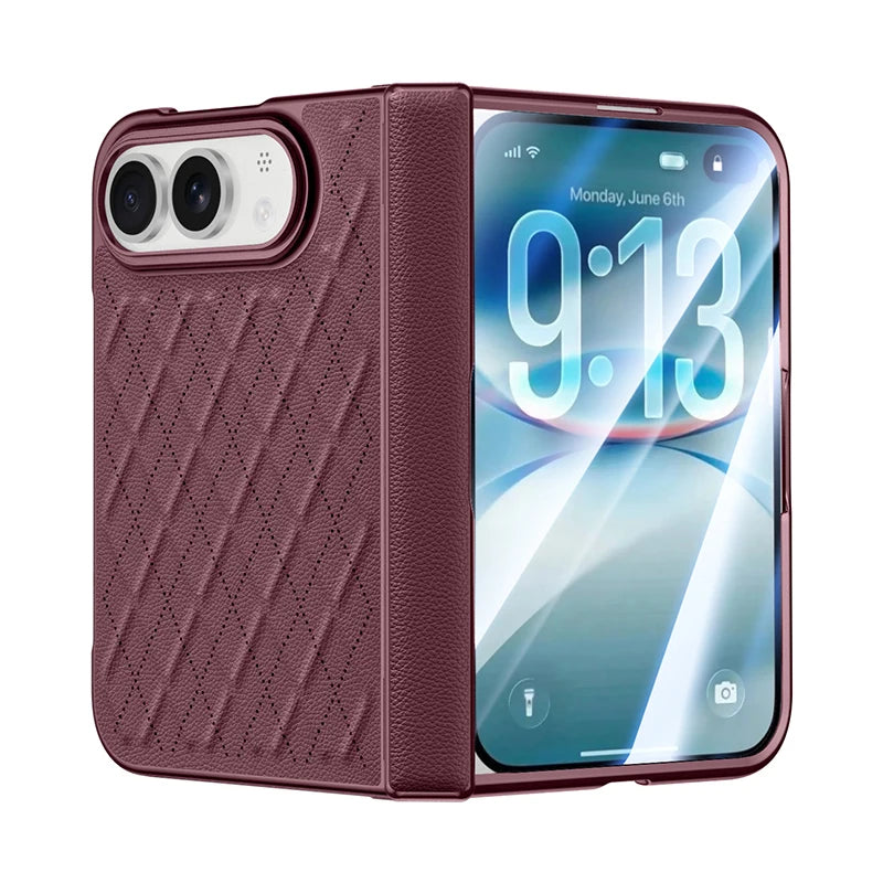 Luxuriöse Magnetische Klapphülle aus PU-Leder für iPhone Duo – Matte MagSafe-Kompatible Schutzhülle mit Scharnierschutz und Schutzfolie Kaufschwan® Dunkelrot iPhone Duo