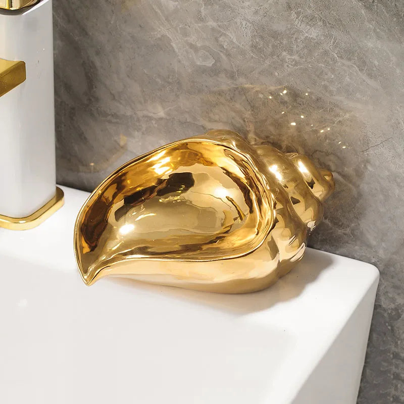 Muschel Keramik-Seifenschale – Stilvoller Seifenhalter mit Abflussdesign für Bad, Waschbecken oder Dusche Kaufschwan® Gold