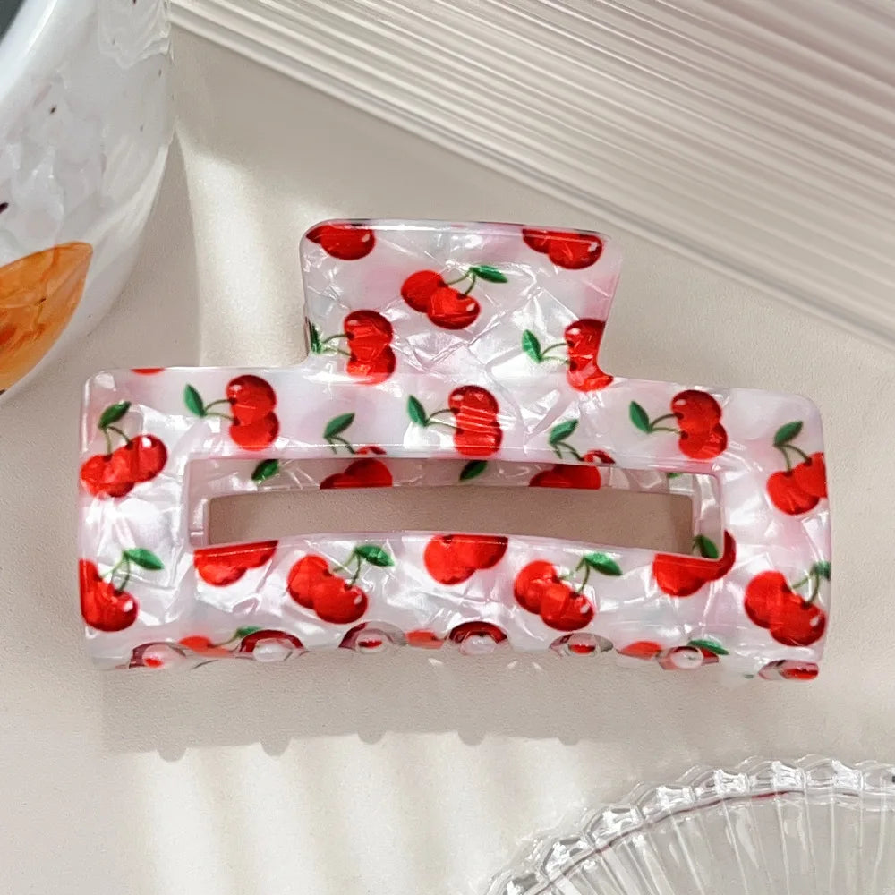 Acryl Haarklammer mit Fruchtmotiv – Quadratische offene Form, großer Shark-Clip für dickes Haar Kaufschwan® Kirsche