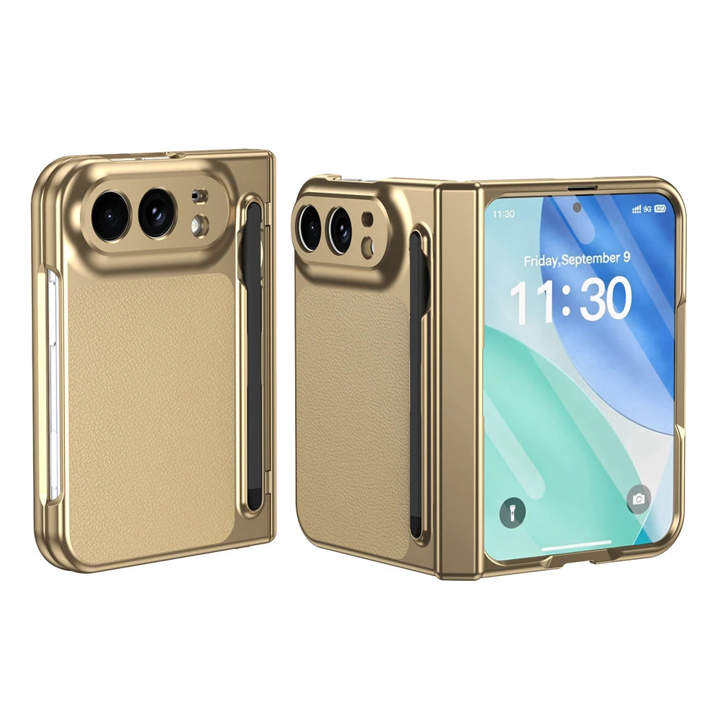 Hochwertige Luxuriöse Glänzende Schutzhülle für iPhone Duo 5G 2026 – Rundumschutzhülle mit Stifthalter, Schutzfolie, Scharnier- und Stoßschutz Kaufschwan® Gold iPhone Duo