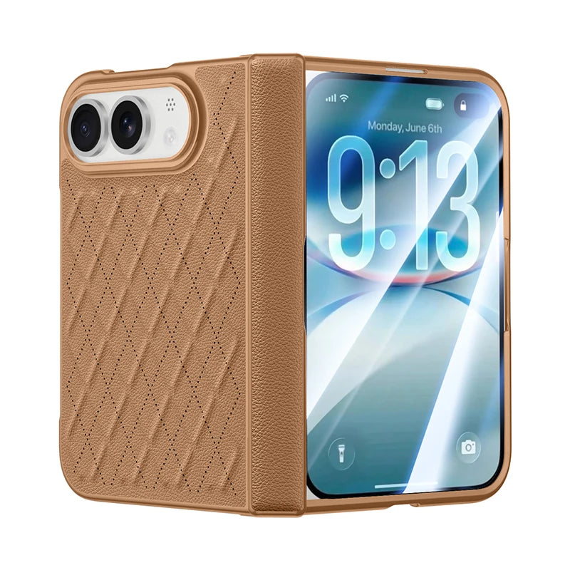Luxuriöse Magnetische Klapphülle aus PU-Leder für iPhone Duo – Matte MagSafe-Kompatible Schutzhülle mit Scharnierschutz und Schutzfolie Kaufschwan® Braun iPhone Duo