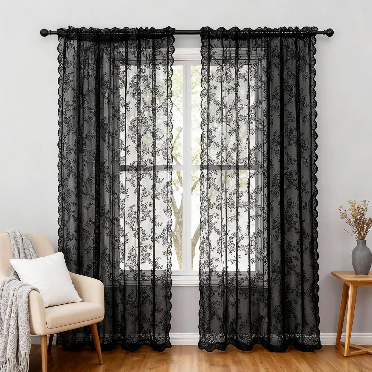 Vintage Spitze Floral Transparenter Vorhang mit Stangentasche Romantische Fenster Gardinen für Wohnzimmer 2 Stück/Set Kaufschwan® Schwarz 70x120CM Stangentasche