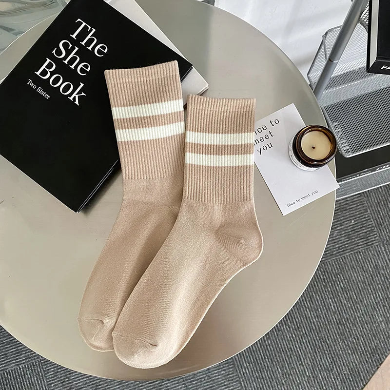 Damen Socken Mode Herbst Neue Bonbonfarbene Baumwoll Sportsocken | Preppy Stil Gestreift Freizeit Kaufschwan® Elfenbein