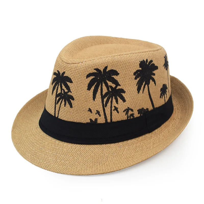 Sommer Strohhut – Herren & Damen, Kokosbaum-Muster, Outdoor Atmungsaktiv, Tropischer Jazz Fedora, Panama Hut Kaufschwan®