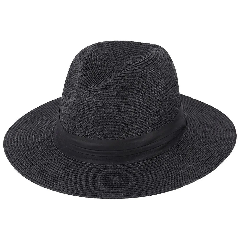 Sommer Sonnenhut Unisex | Panama Stil Strohhut | Strandhut für Urlaub & Outdoor mit Flacher Krone Kaufschwan® Schwarz Einheitsgröße