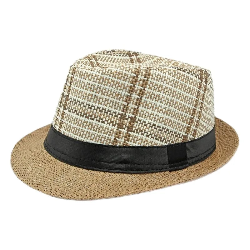 Retro Sonnenhut – Britischer Top Hat Stil, Geometrischer Strohhut mit Gürtel, Unisex Strand & Partner Fedoras