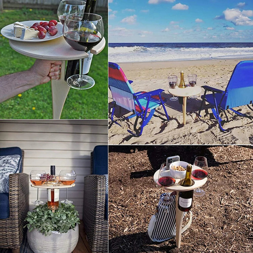 Tragbarer Faltbarer Holz Weintisch – Outdoor Glas- & Flaschenhalter | Picknick, Strand & Garten Party Wein Stand Kaufschwan®