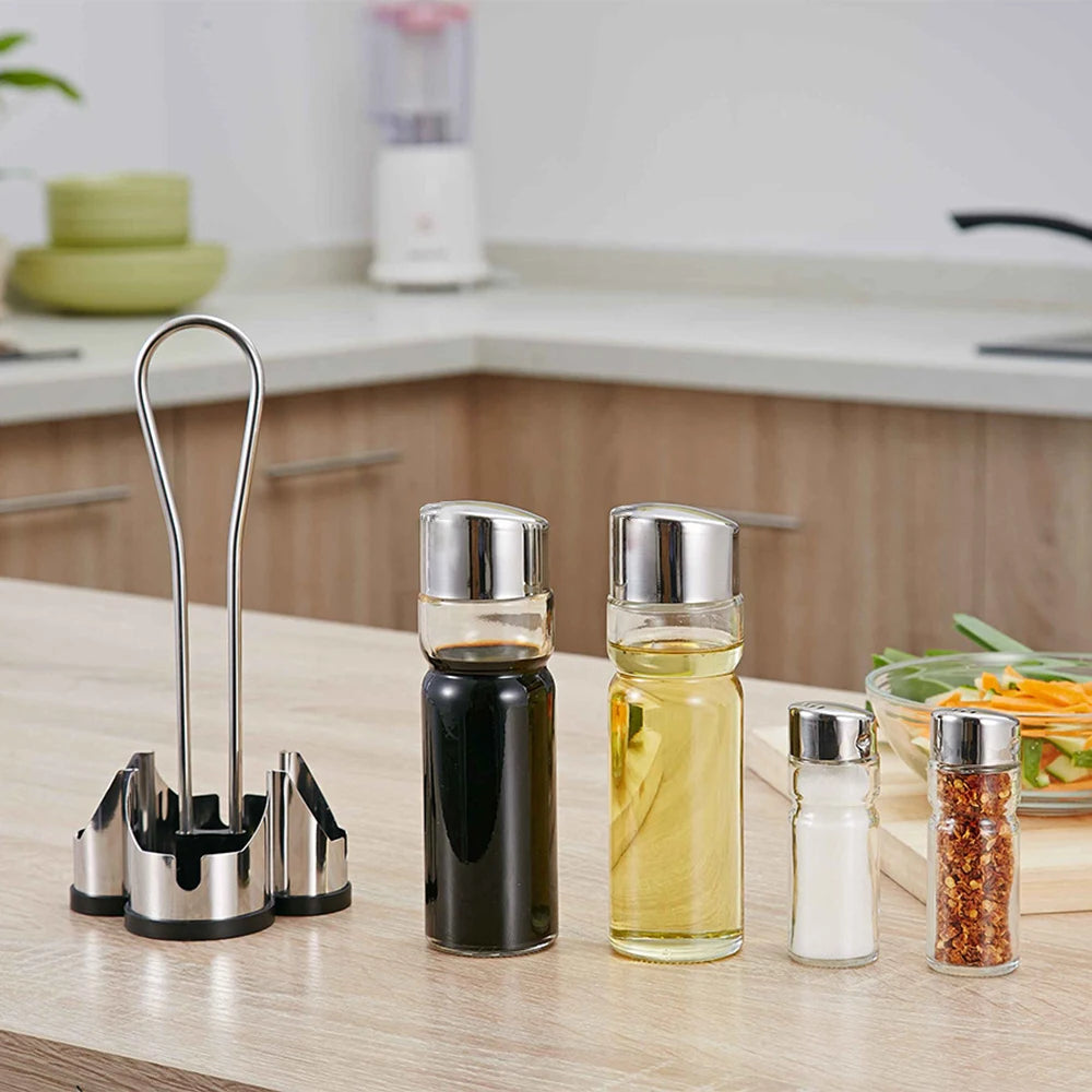4-in-1 Gewürzflaschen Set mit Halter – Öl- & Essigspender, Salz- & Pfefferstreuer | Glas Cruet Set mit Ständer Kaufschwan®