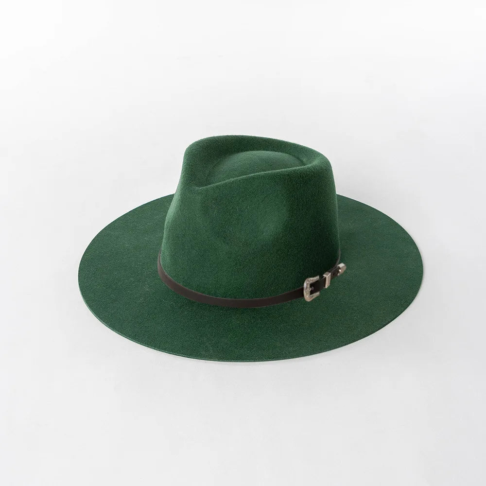 Herbst & Winter Unisex Woll-Fedora Hut – Vintage Jazzhut mit Krone & Schwarzem Lederband, Stylischer Hut mit Breiter Krempe Kaufschwan® Dunkelgrün L 59cm