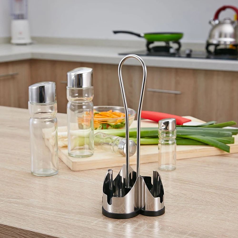4-in-1 Gewürzflaschen Set mit Halter – Öl- & Essigspender, Salz- & Pfefferstreuer | Glas Cruet Set mit Ständer Kaufschwan®