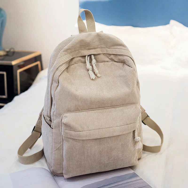 Gestreifter Cord Rucksack für Damen | Minimalistischer Großraum-Tagesrucksack | Herbst & Winter Freizeit- und Reisetasche Kaufschwan® Hellbraun
