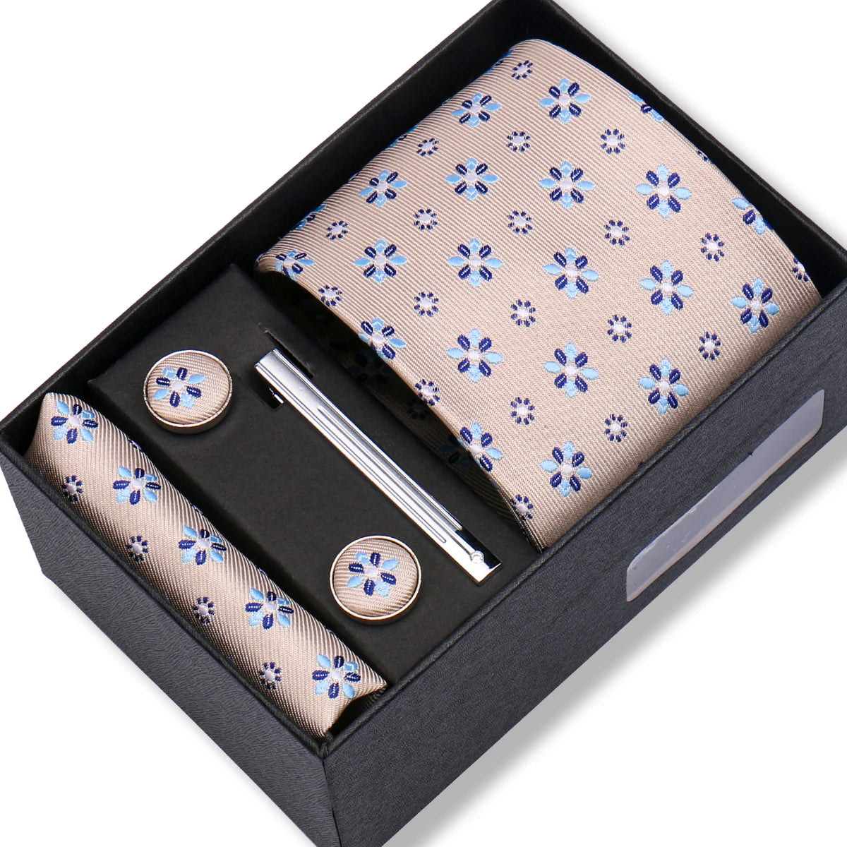 Herren Jacquard-Krawatten-Set 8 cm – Elegante Krawatte mit Einstecktuch, Manschettenknöpfen & Krawattenklammer | Luxus-Geschenkbox für Hochzeit & Business
