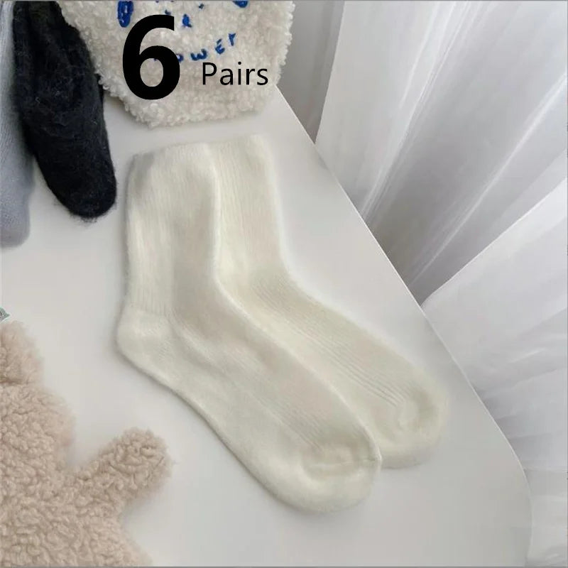 1-12 Paare Damen Herbst Winter Dicke Warme Mittellange Socken | Modische Macaron Farbige Flauschige Bequeme Freizeit Socken Kaufschwan® 6 Paare - Weiß Einheitsgröße