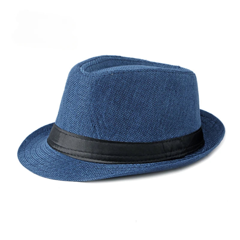 Jazz Fedora Hut – Strand Leinen Top Hat für Herren & Damen, Frühling & Sommer, Sonnenschutz Outdoor Kaufschwan® Blau