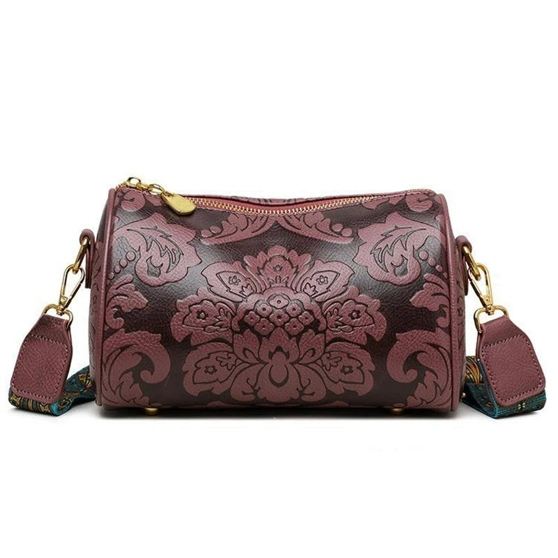 Retro Bestickte Blumen Leder Schultertasche – Klassische Zylinder Crossbody Handtasche für Damen | Alltag, Arbeit & Party Kaufschwan® Weinrot