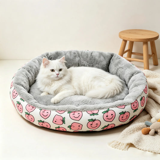 Rundes Plüsch-Katzenbett für Katze – Warme Weiche Schlafmatte & Kuscheliges Katzennest Kaufschwan® Rosa Pfirsich S--35Cm