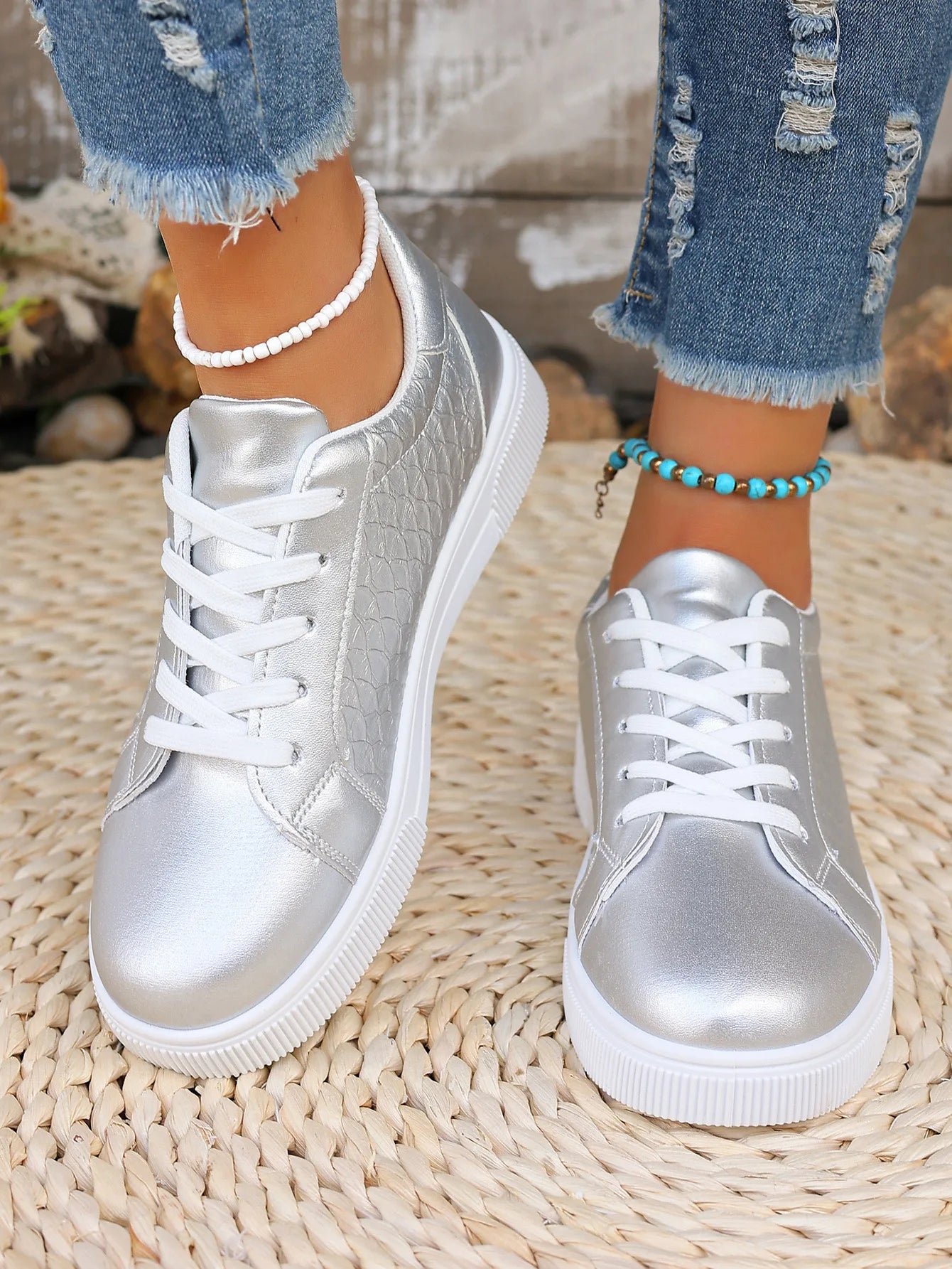 Damen Sneaker in Gold & Silber – Übergröße 42 | Frühling & Herbst Schnürschuhe aus Weichem PU Leder | Modische Freizeitschuhe Kaufschwan®