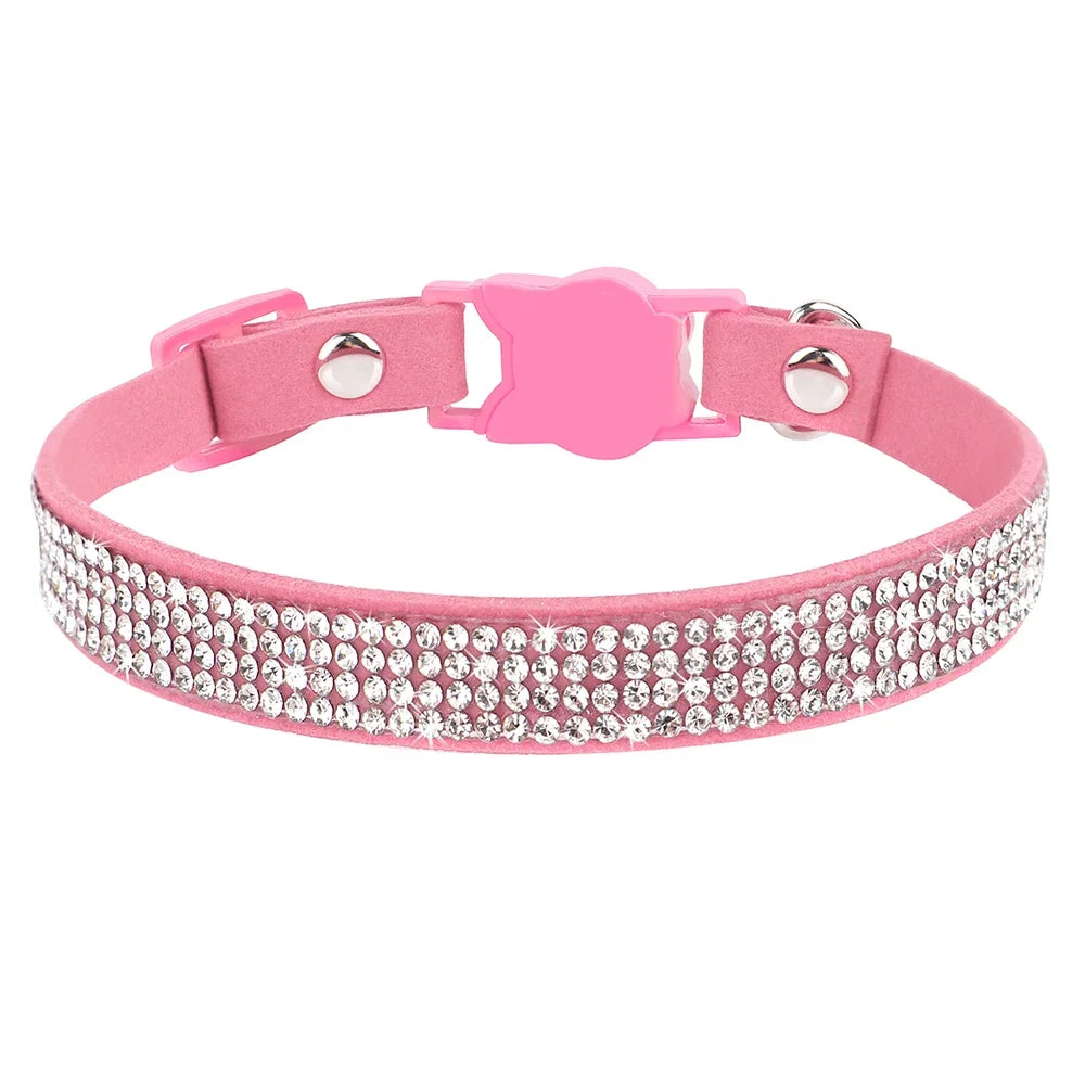 Weiches Rosa Wildleder-Katzenhalsband für Katze – Strasssteine, Glöckchen, Sicherheitsverschluss & Verstellbare Passform Kaufschwan®