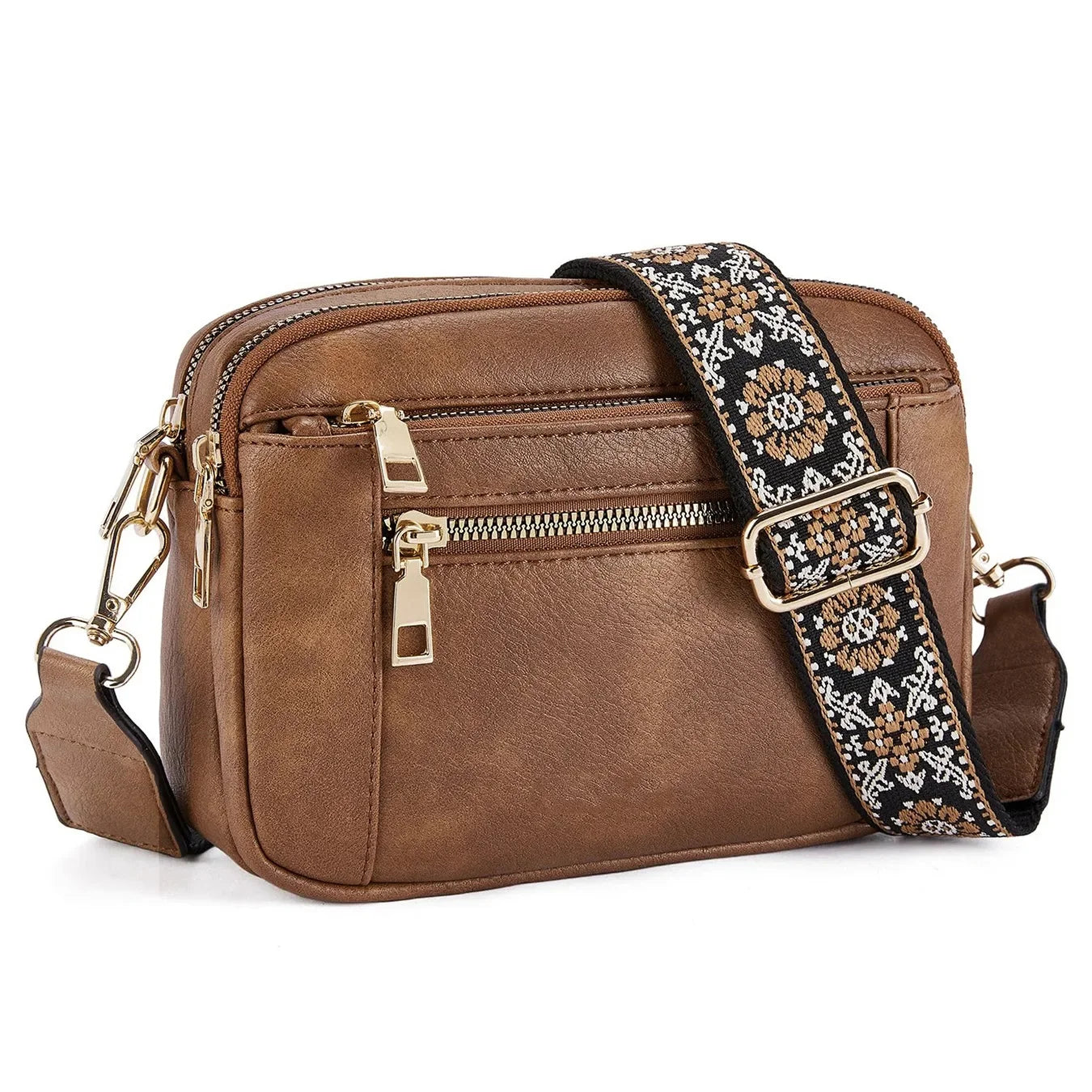 Multifunktionale Color Block Crossbody Tasche – Damen PU Leder Schultertasche & Geldbörse mit Verstellbarem Riemen Kaufschwan® Kamelbraun
