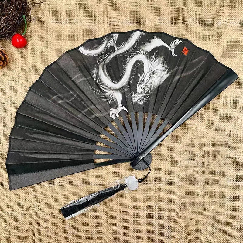 Retro Drachen Faltfächer | Beidseitiger Seidenstoff Handfächer | 8-Zoll Tragbarer Chinesischer Hanfu Fächer für Damen & Herren Kaufschwan®
