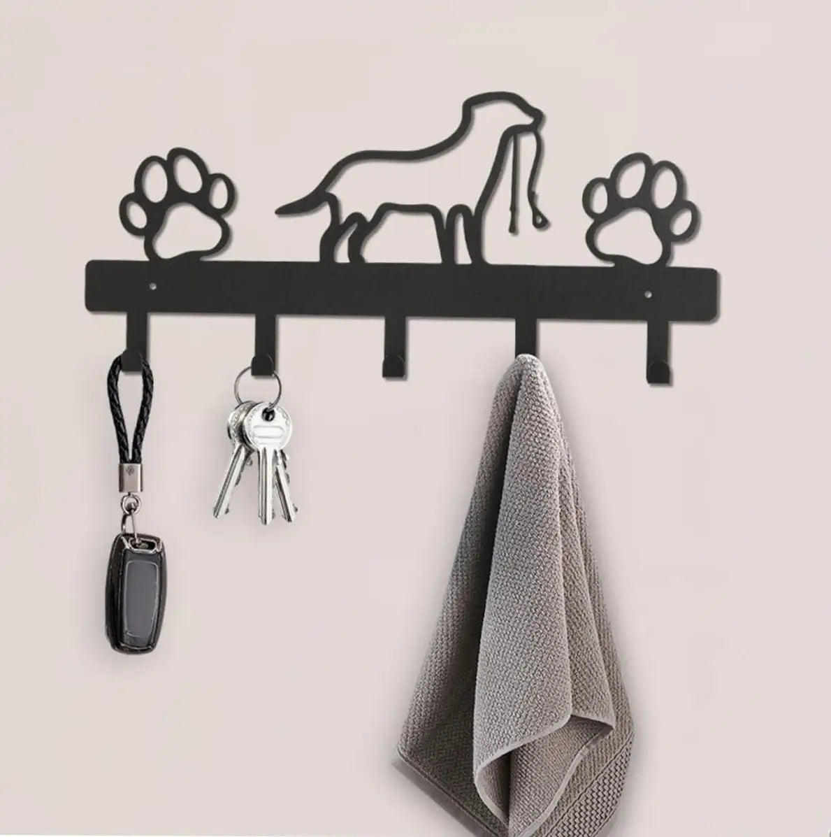 Metall Wandhaken mit Pfotenmotiv – Hundehalter mit 5 Haken | Wandorganizer aus Eisenkunst für Schlüssel, Leinen & Jacken