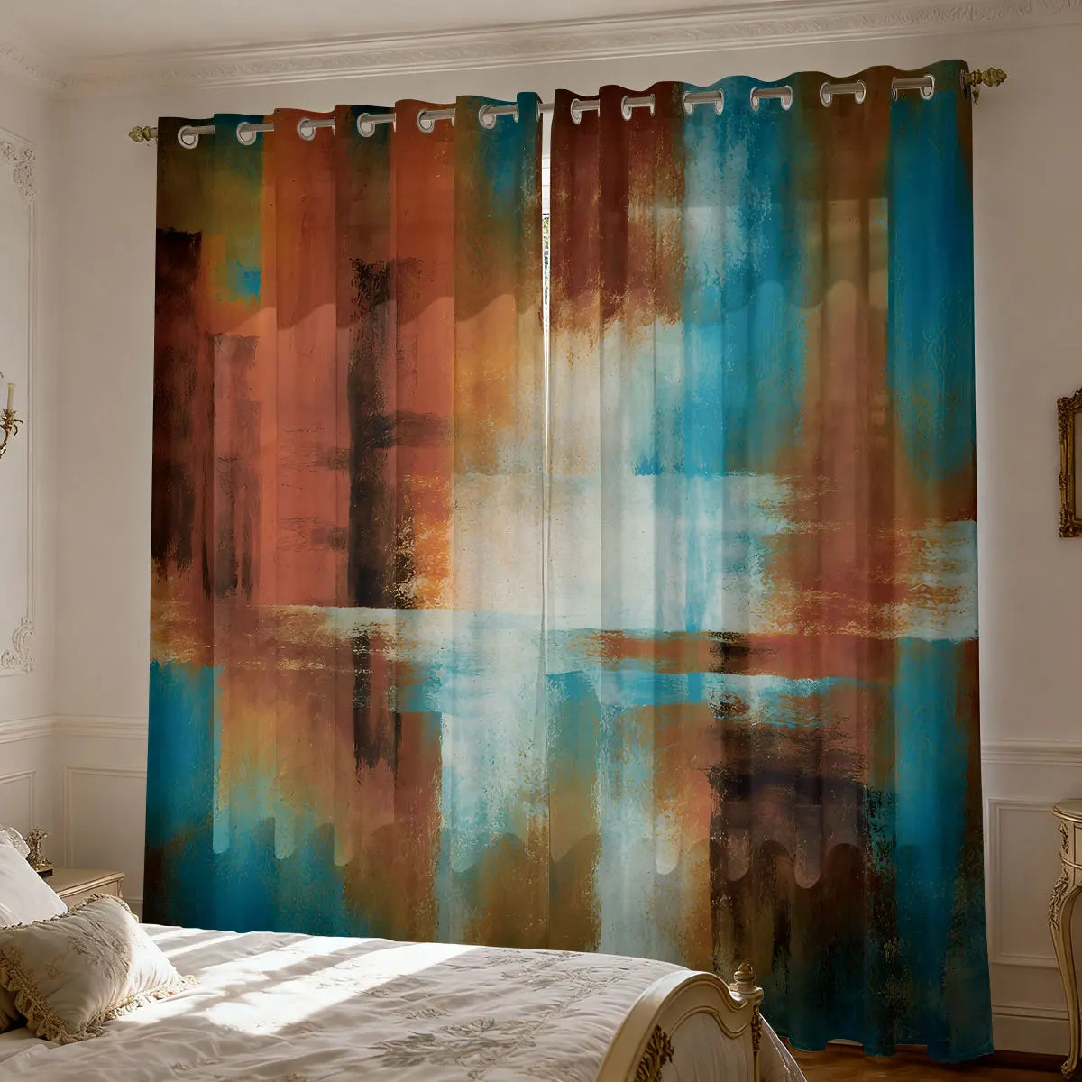 Graffiti Farbblock Print Vorhang 90g Isoliert Modernes Design für Wohnzimmer Schlafzimmer 2 Stück/Set Kaufschwan® Braun - Rostfarben - Türkis 140x160 cm Ösenverschluss