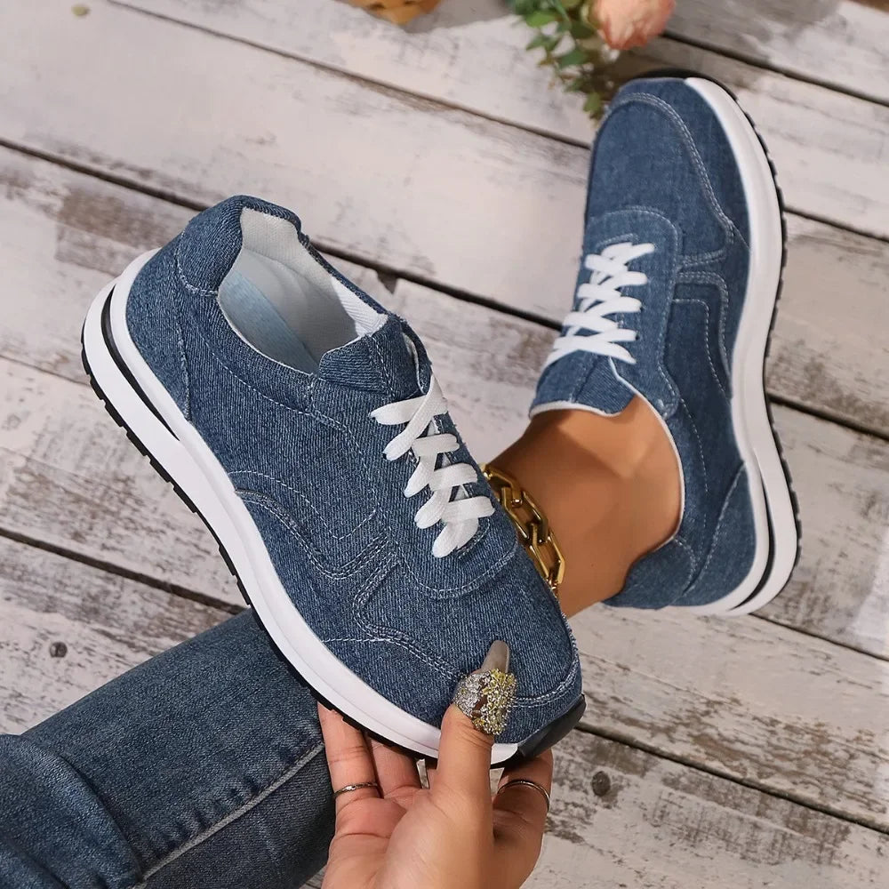 Blaue Denim Damen Plateau-Sneaker – Modische Schnürschuhe mit Dicker Sohle | Bequeme Freizeit-Sneaker in Übergrößen bis 43 Kaufschwan®