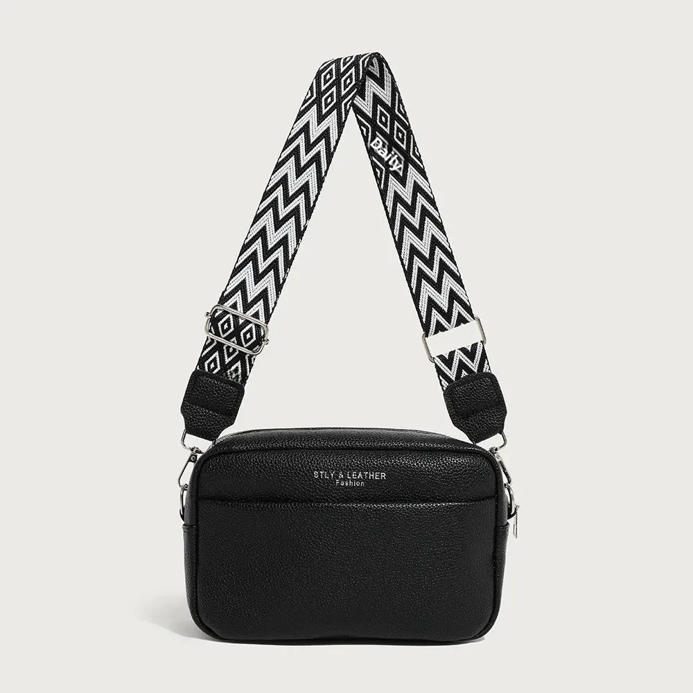 Modische Schultertasche mit Breitem Riemen – Damen Kleine Quadratische PU Leder Handtasche mit Reißverschluss & Handyfach Kaufschwan® Schwarz