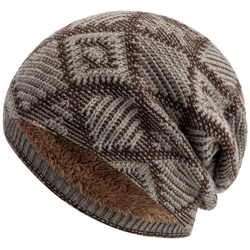 Unisex Winter Mütze – Farbblockierte Diamant-Strickmütze mit Plüschfellfutter | Warme Outdoor-Mütze für Damen & Herren Kaufschwan® Beige 56cm-60cm