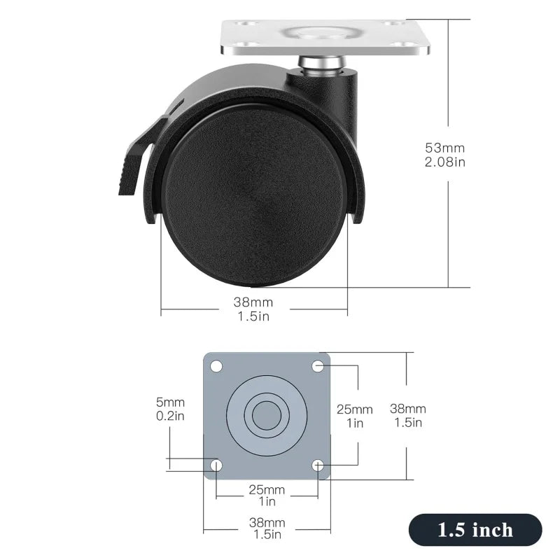 4-teiliges 1,5-Zoll-Möbelrollen-Set mit Bremsen – Geräuscharme 360° Schwenkrollen mit Feststellfunktion und Montageplatte Kaufschwan®