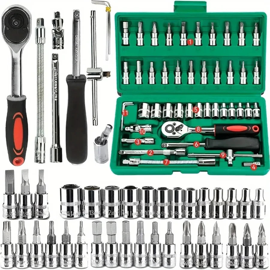 46-teiliges 1/4" Steckschlüssel & Ratschen Set Metrisches Hex Bit Werkzeugkoffer