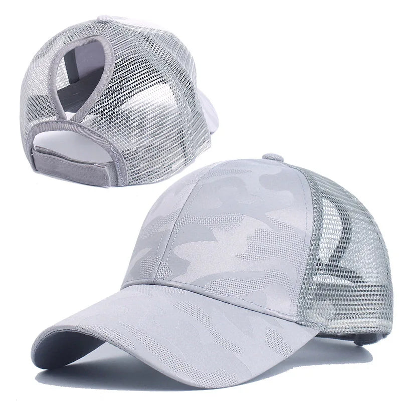 2024 Neue Sommer Camouflage Mesh Trucker Hut | Damen Snapback Baseballkappe | Messy Hair Bun & Ponytail Freundlich Kaufschwan® Grau